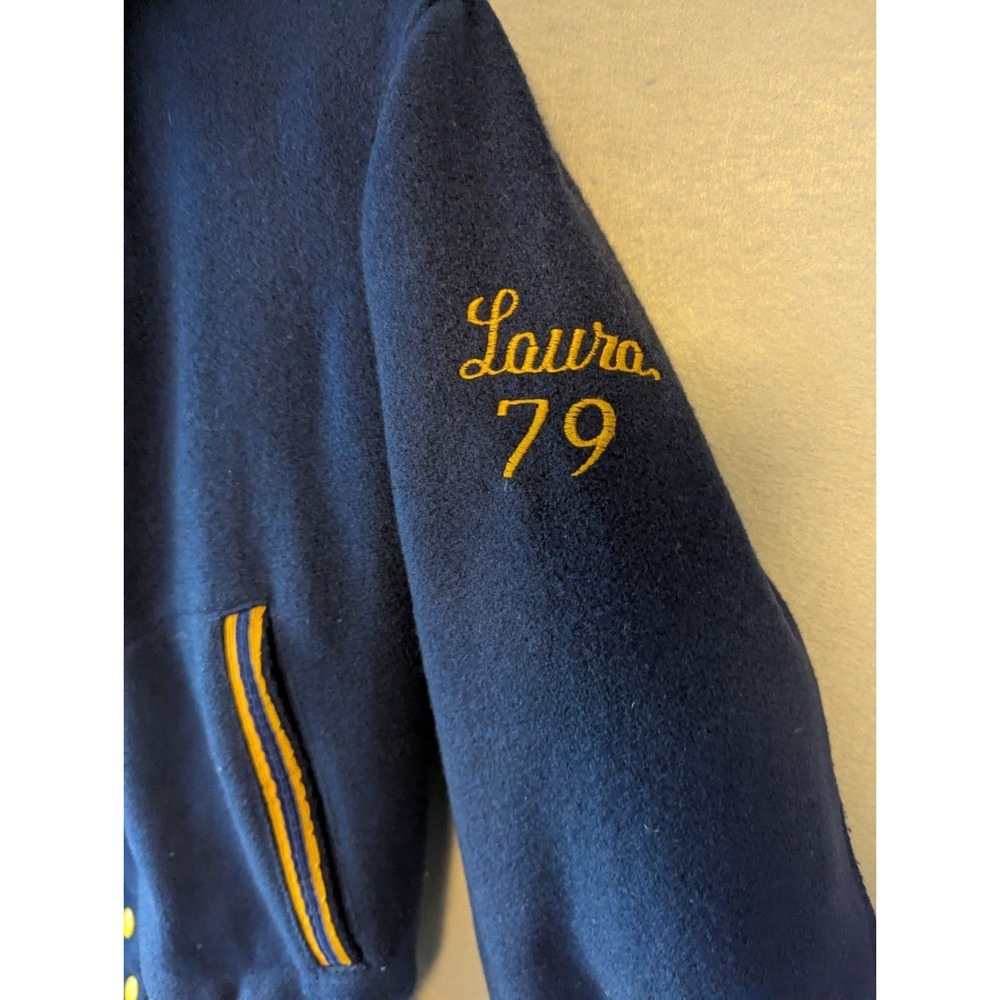 Vtg 1979 Varsity Blue Gold Jacket cheerleader Wool Blend Sz 36 "Laura" & "MCH" - Picture 2 of 13